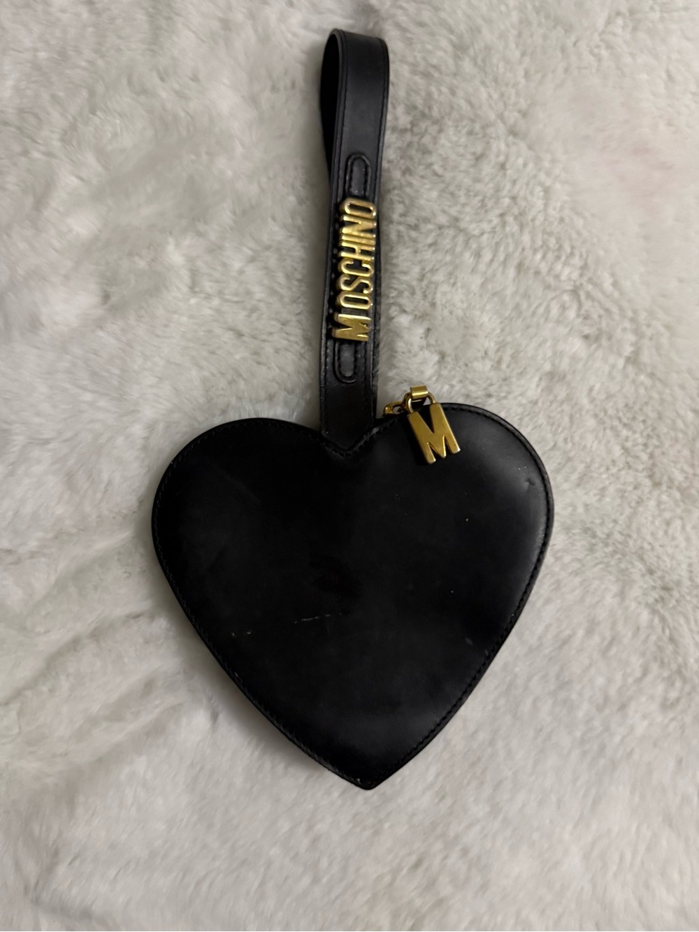 Moschino Black Heart Wristlet with Gold Logo Charm